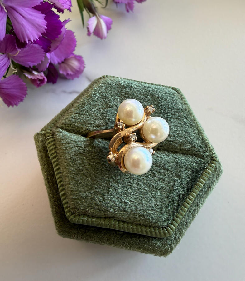 Vintage pearl & diamond ring in 14K gold • Size 5.75 • $350