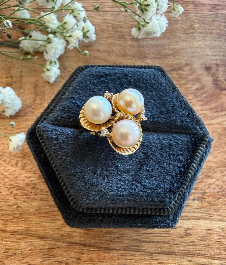 pearl cluster ring in sculptural 14K gold • Size 7 • $400