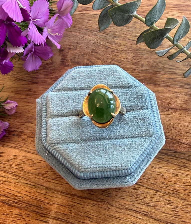 Deep green nephrite jade in 14K gold • Size 6 • $450