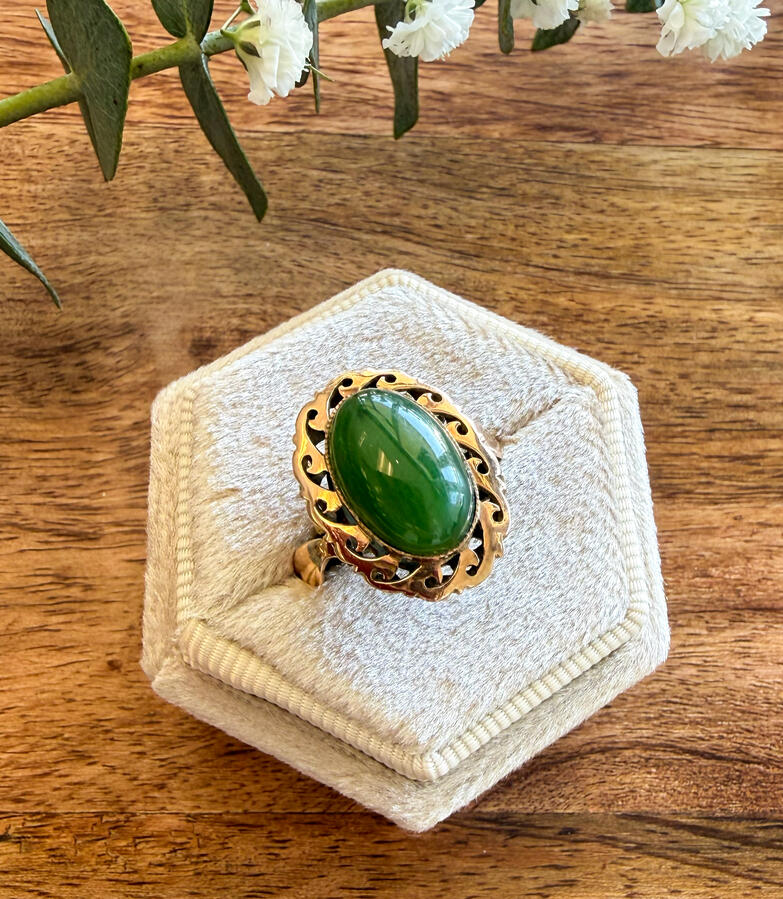Deep green nephrite jade in 14K gold • Size 7.5 • $550